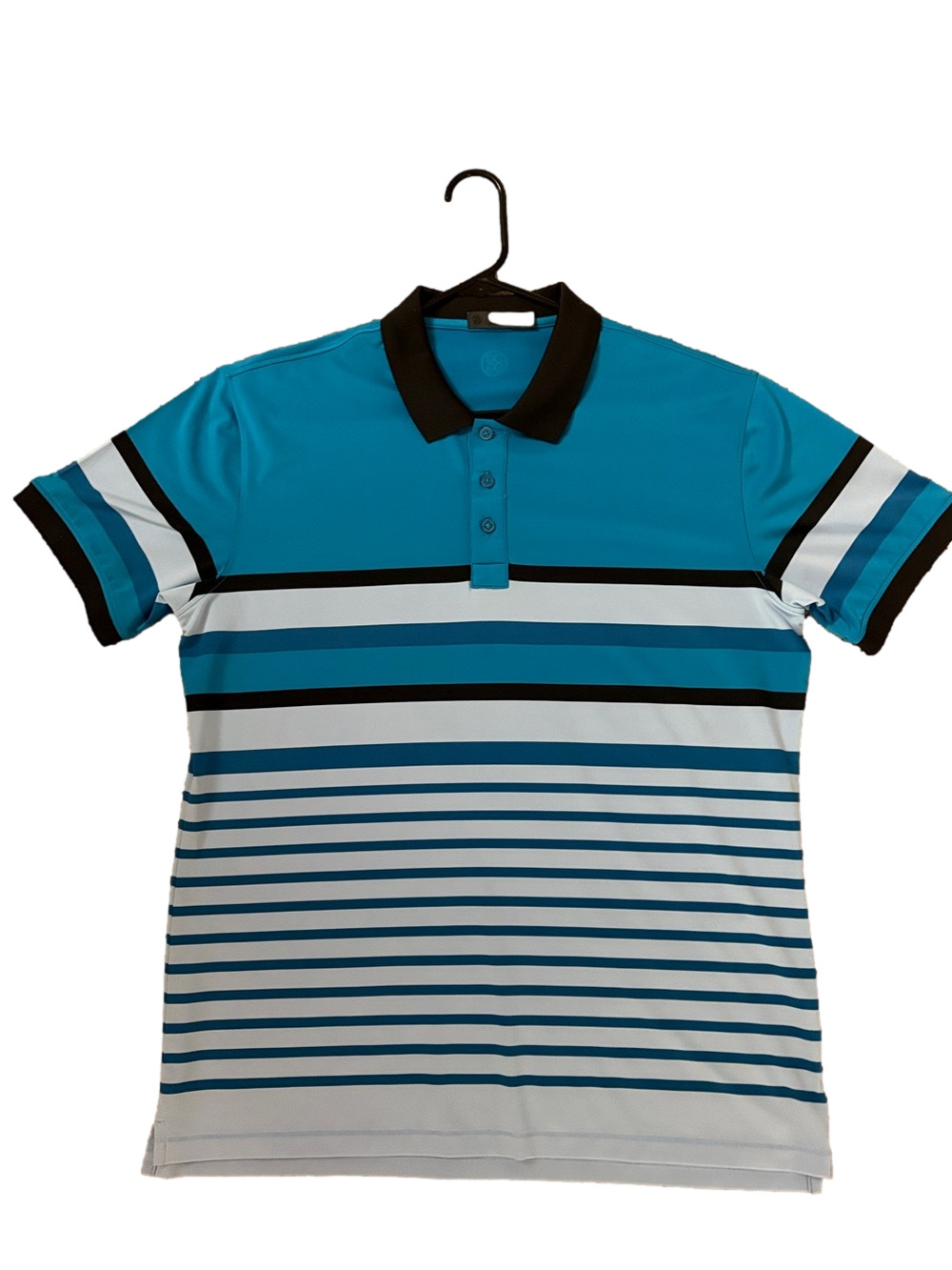 G/FORE Teal & Light Blue Striped Polo with Black Trim